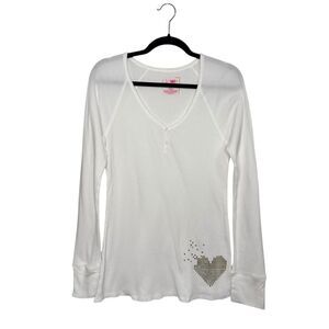 ☀️2/$20 EUC Jenni White Long Sleeve Henley Tee | Waffle Shirt | Gold Stud Heart
